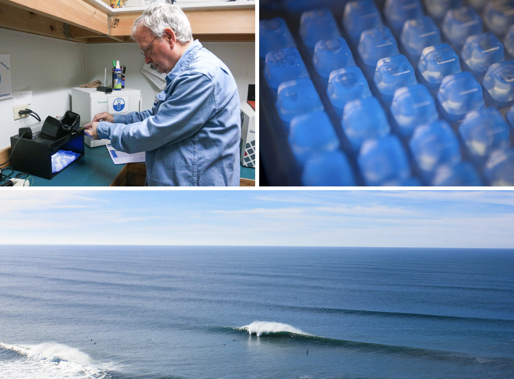 Top: Reading water quality test results in the lab. Bottom: Surfers enjoy a large, clean swell in Newport, Oregon.